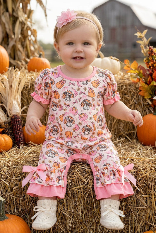 Turkey & pumpkin printed romper w/ pink ruffle hem. RPG65247 S
