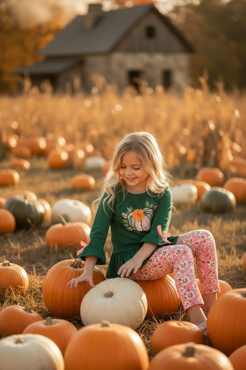 Dark green ruffle sleeve top and floral leggings. OFG61951 S-