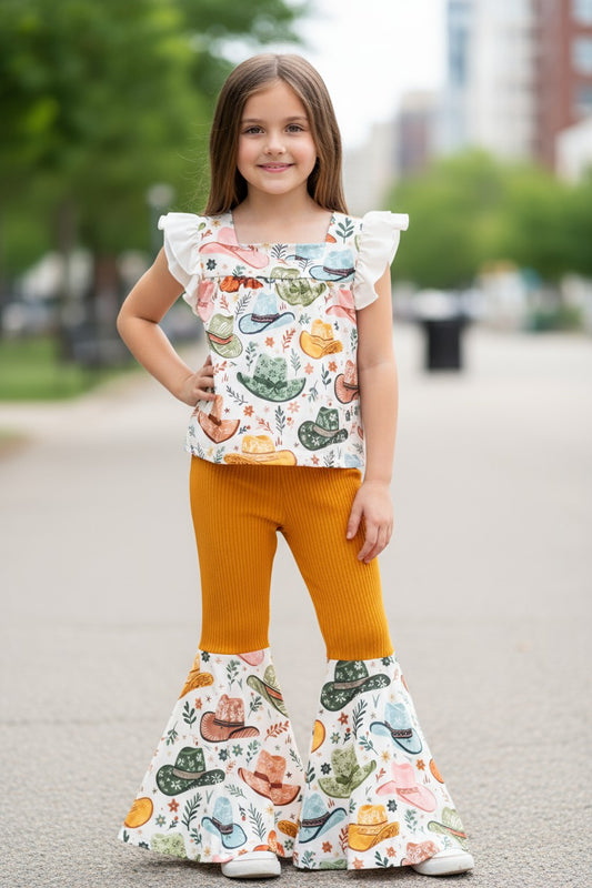 Multi-printed western tunic and matching bell bottoms.