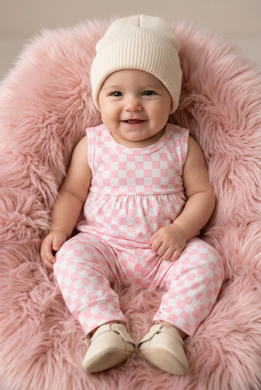 Pink checkered printed girls baby romper. SR030502-SOL