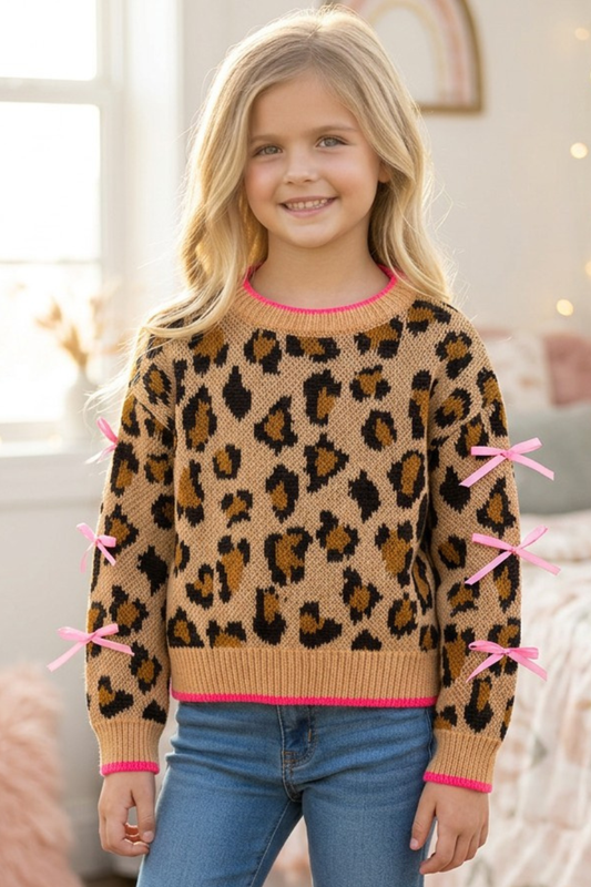 Leopard printed pullover sweater with fuchsia trim and lt. pink bows on sleeves. TPG60423