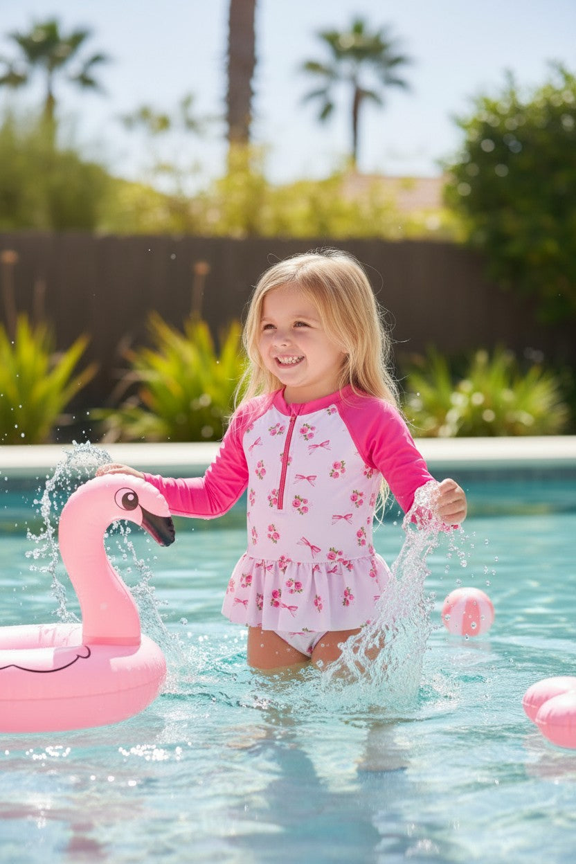 Ditsy floral swimsuit with fuchsia long sleeves. -A-