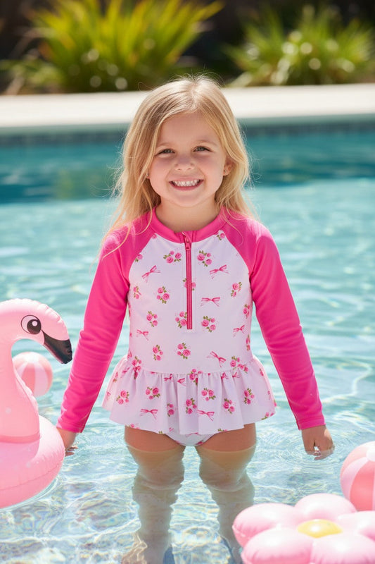 Ditsy floral swimsuit with fuchsia long sleeves. -A-