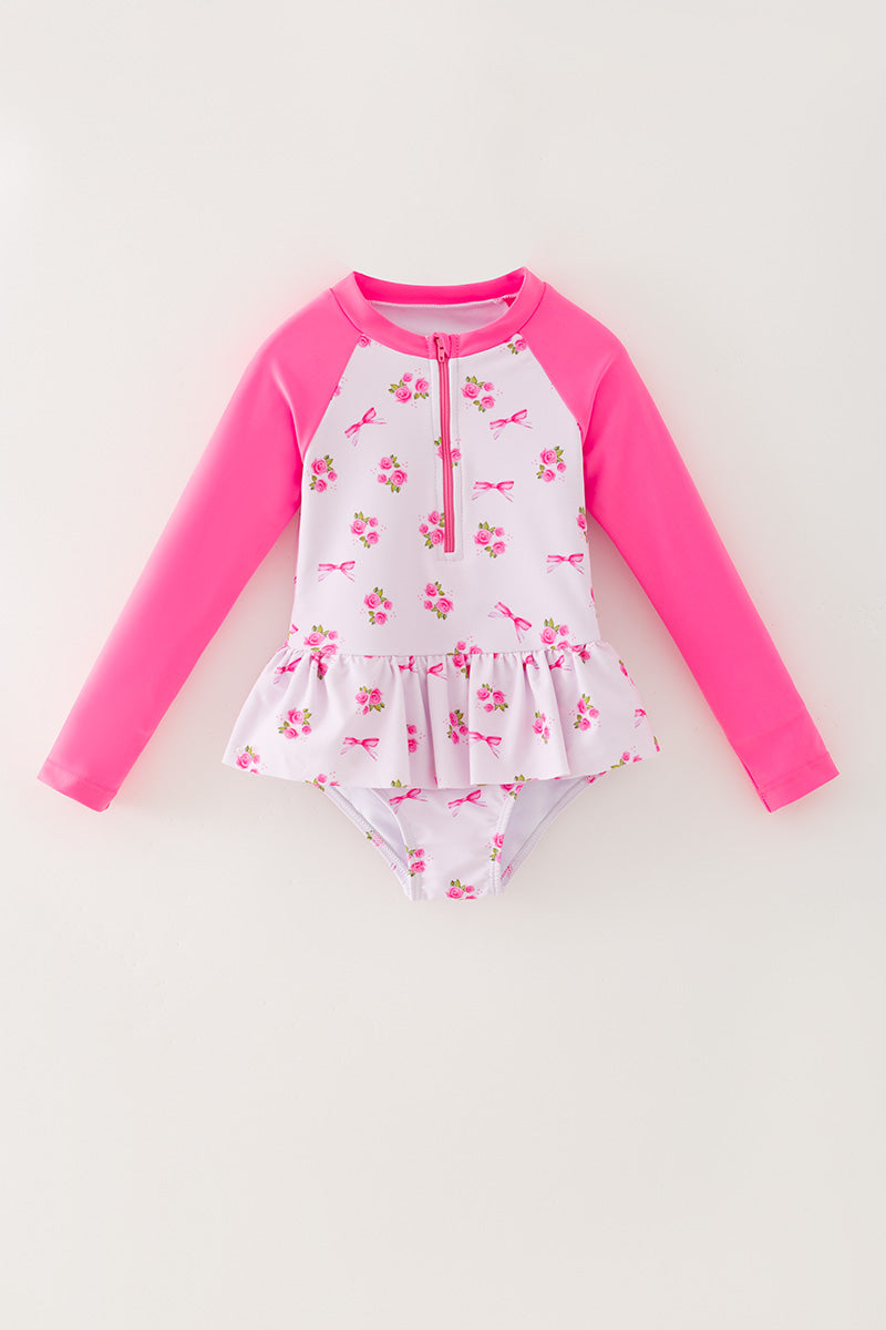 Ditsy floral swimsuit with fuchsia long sleeves. -A-