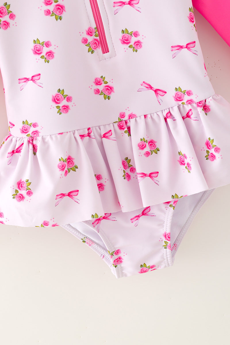 Ditsy floral swimsuit with fuchsia long sleeves. -A-