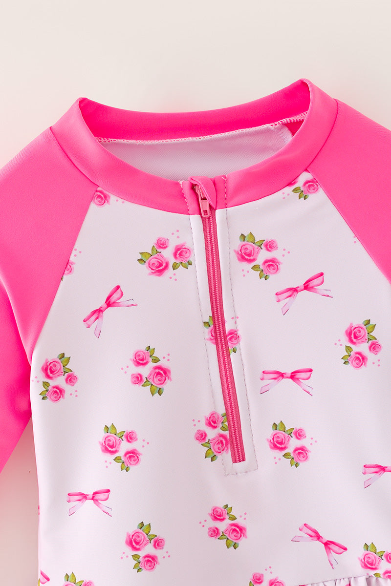 Ditsy floral swimsuit with fuchsia long sleeves. -A-