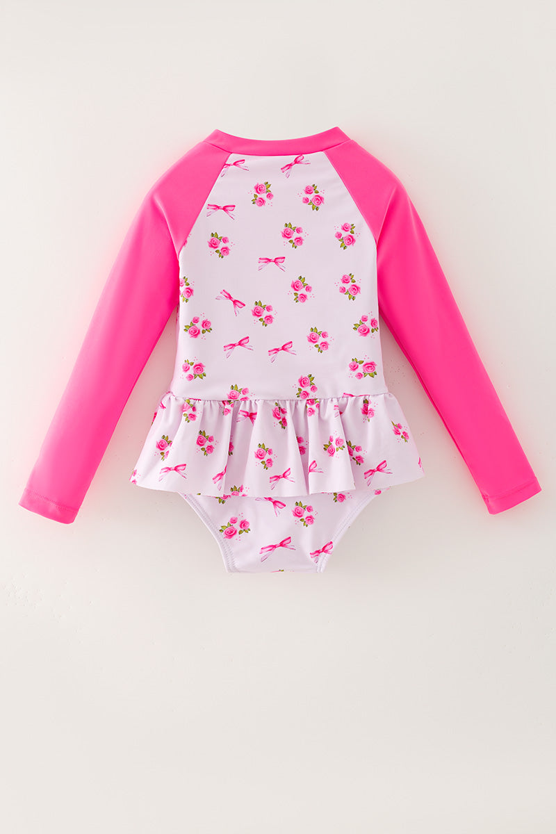 Ditsy floral swimsuit with fuchsia long sleeves. -A-