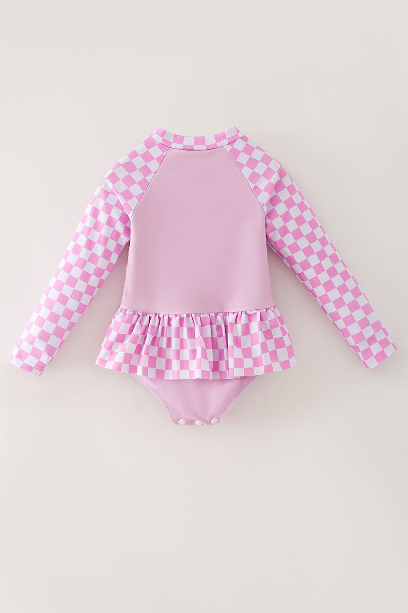 Long sleeve checkered printed girls swimsuit. -S-