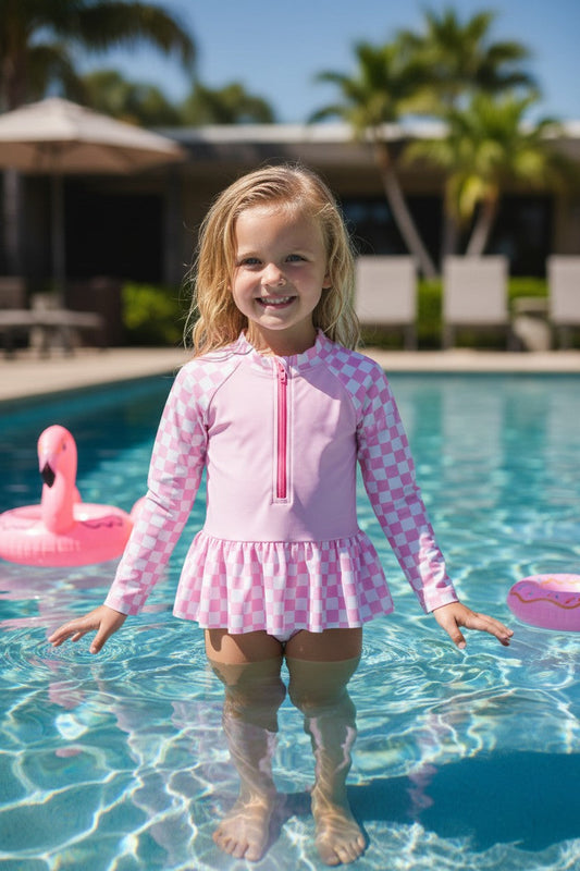 Long sleeve checkered printed girls swimsuit. -S-