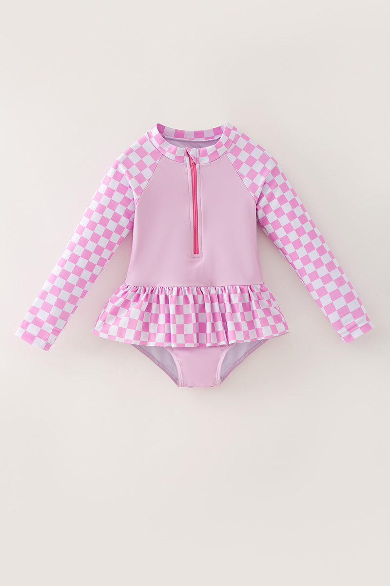 Long sleeve checkered printed girls swimsuit. -S-