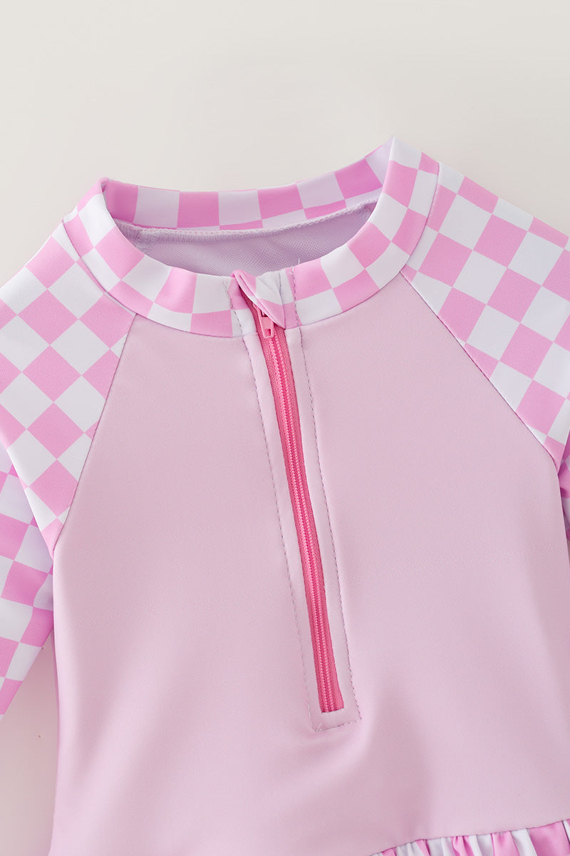 Long sleeve checkered printed girls swimsuit. -S-