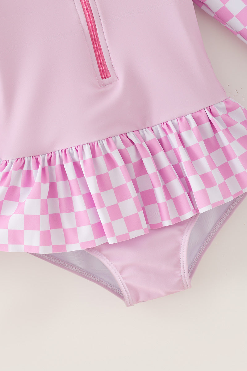 Long sleeve checkered printed girls swimsuit. -S-