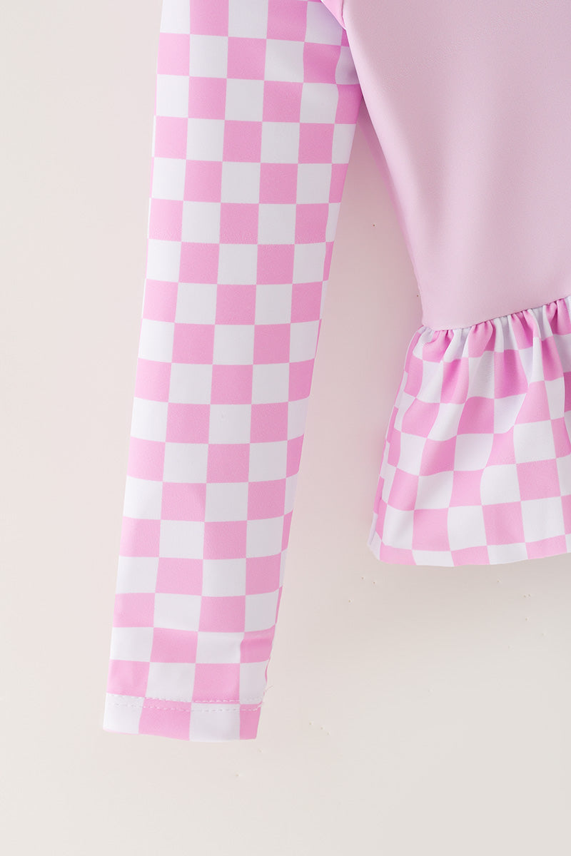 Long sleeve checkered printed girls swimsuit. -S-