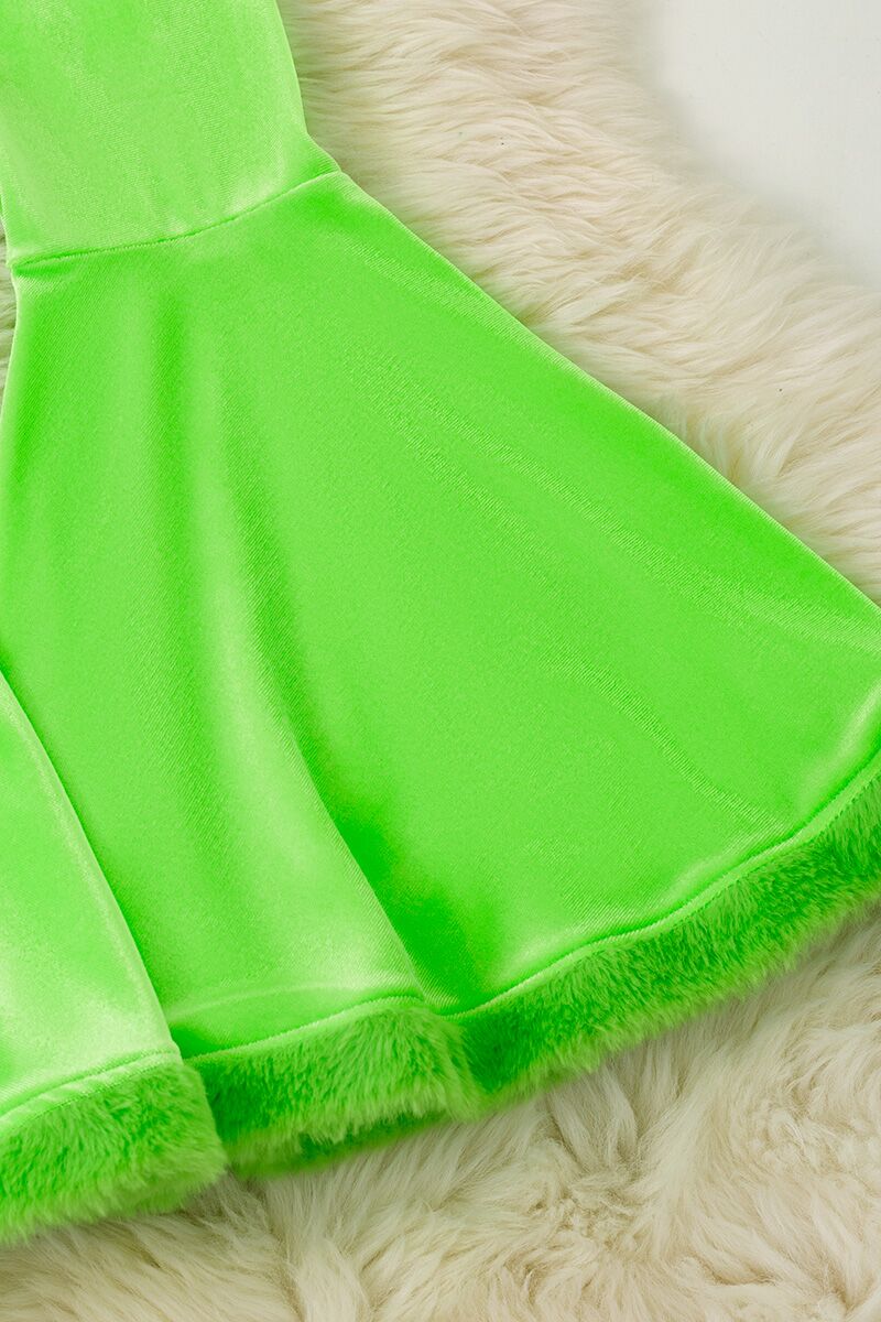 Green soft velvety bell bottoms with faux fur hem.