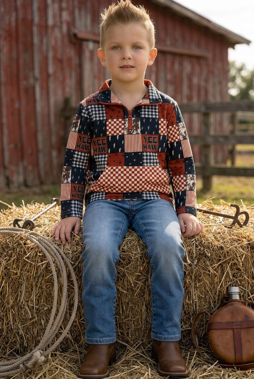 Yeehaw brown & black multi-printed patch pullover. TPB60313 -M-