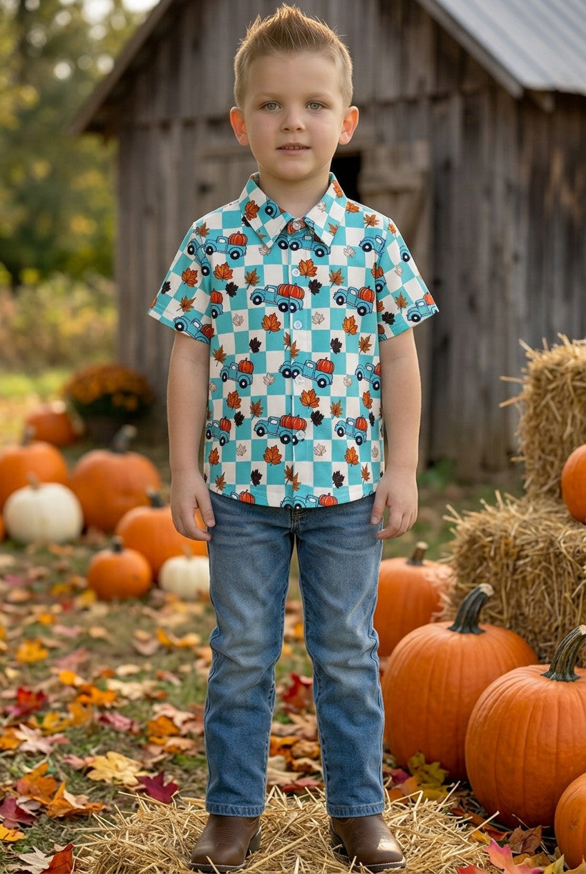 Blue Fall & checkered printed boys button up shirt. TPB60367 A-