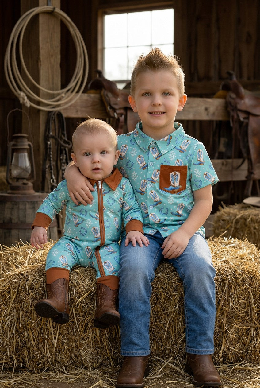 Aqua western printed baby bodysuit w/ hand & foodie fold over. RPB60455 SOL