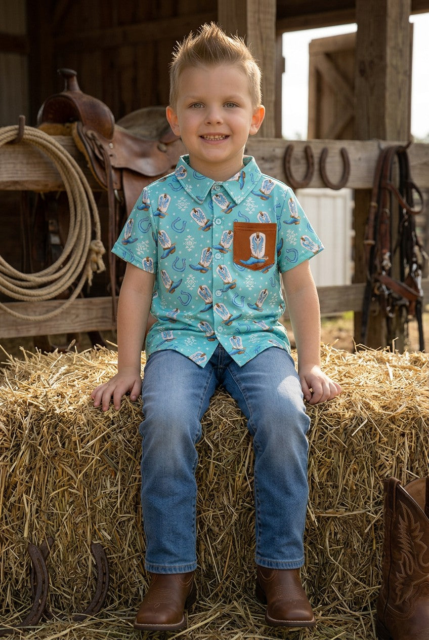 Aqua western boot printed button up shirt with side pocket. TPB60368