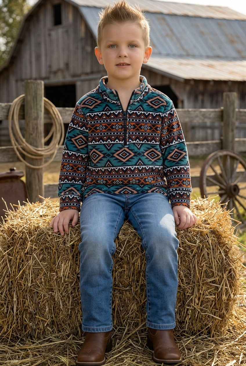 Teal & Brown Light fleece aztec printed pullover sweater. TPG60186 -S-