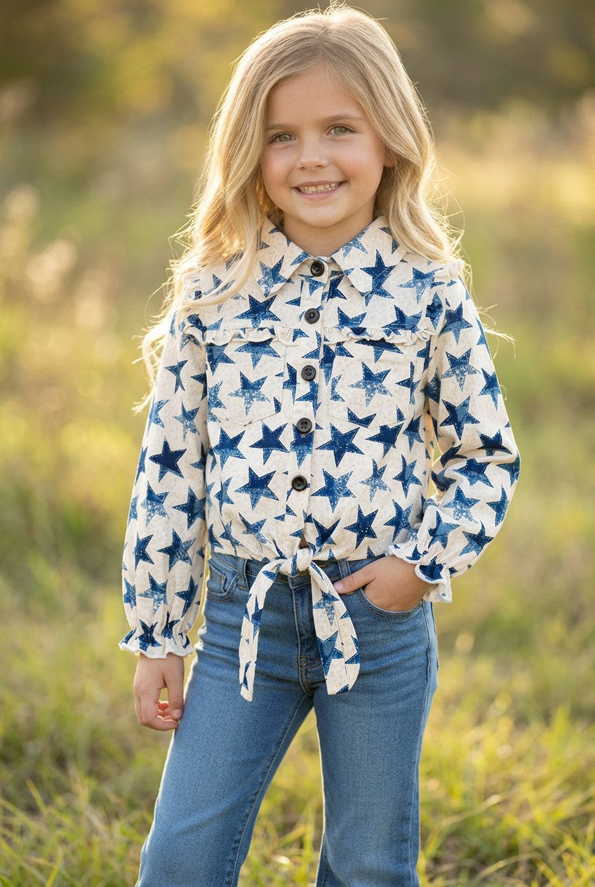 Girls Navy blue star printed girls long sleeve button up shirt. TPG60405 -S-