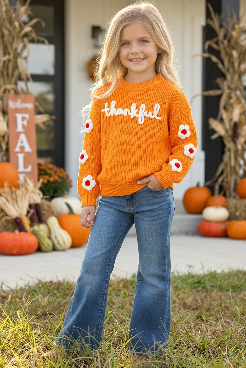 Orange Thankful knit sweater with embroidered flowers on sleeves. TPG60420 -M-
