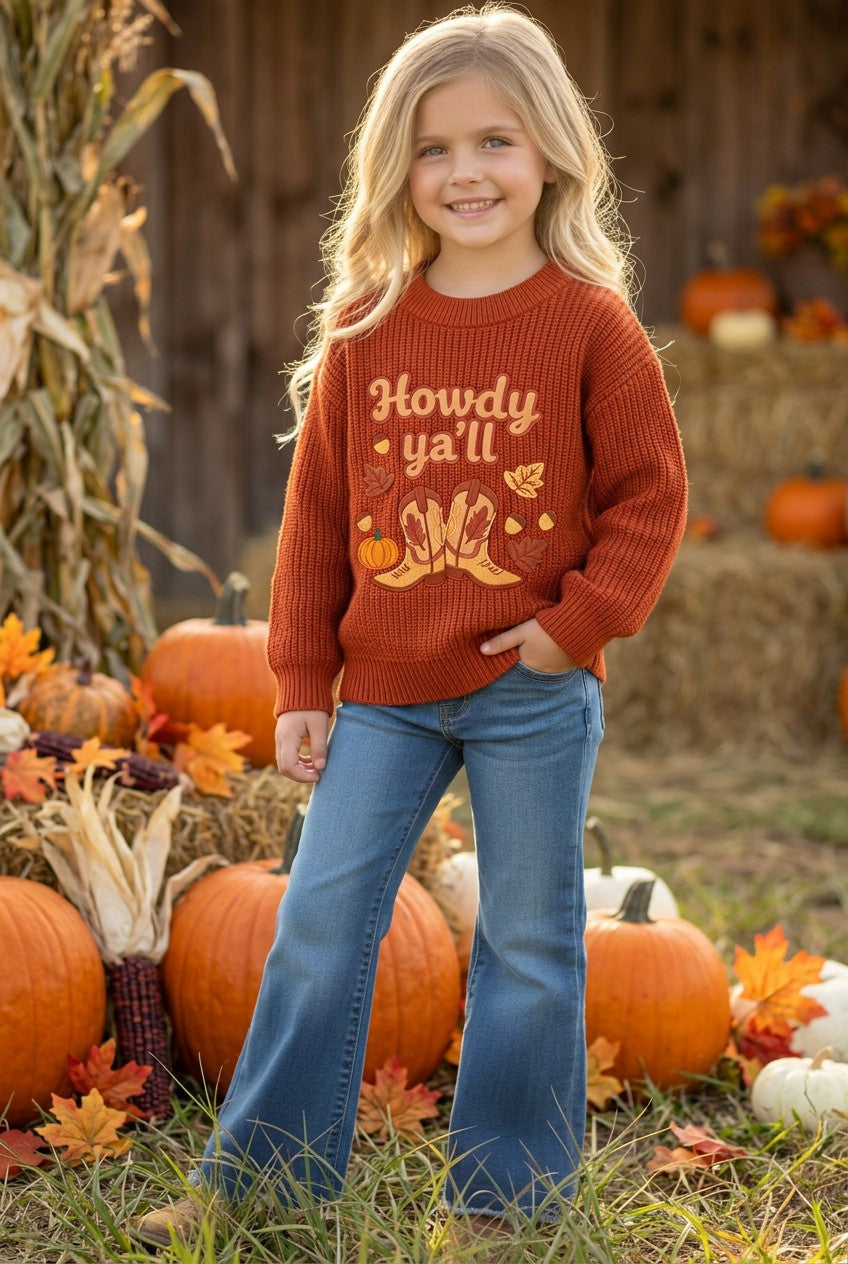 "Howdy Ya'll" Rust orange knit sweater. TPG60421 SOL