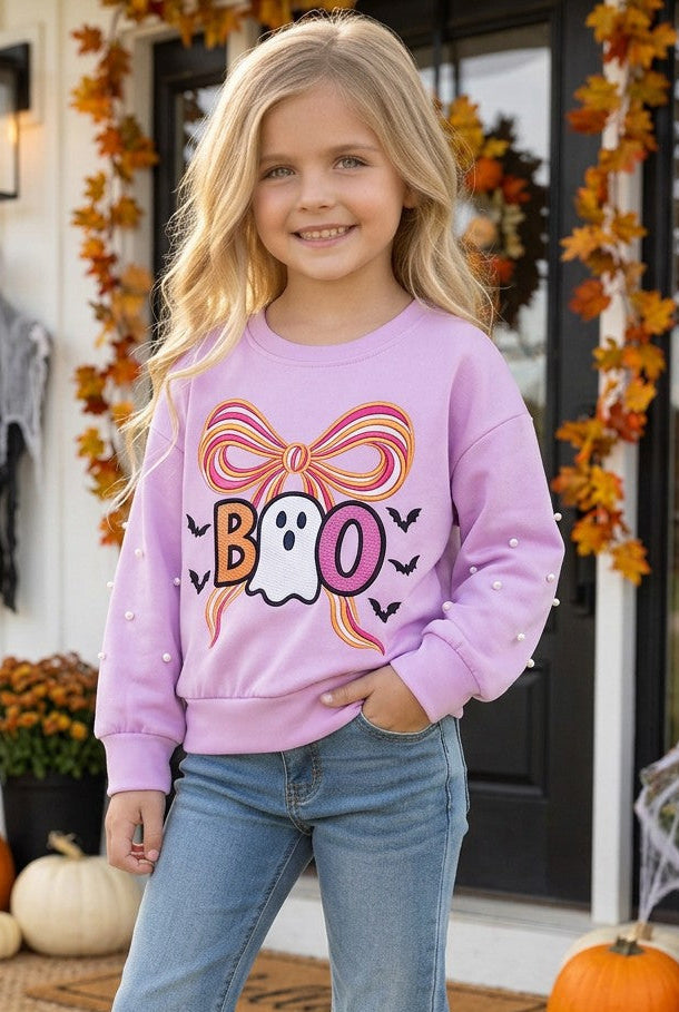 Boo Lilac Halloween printed sweatshirt with pearl detail on sleeves. TPG60450
