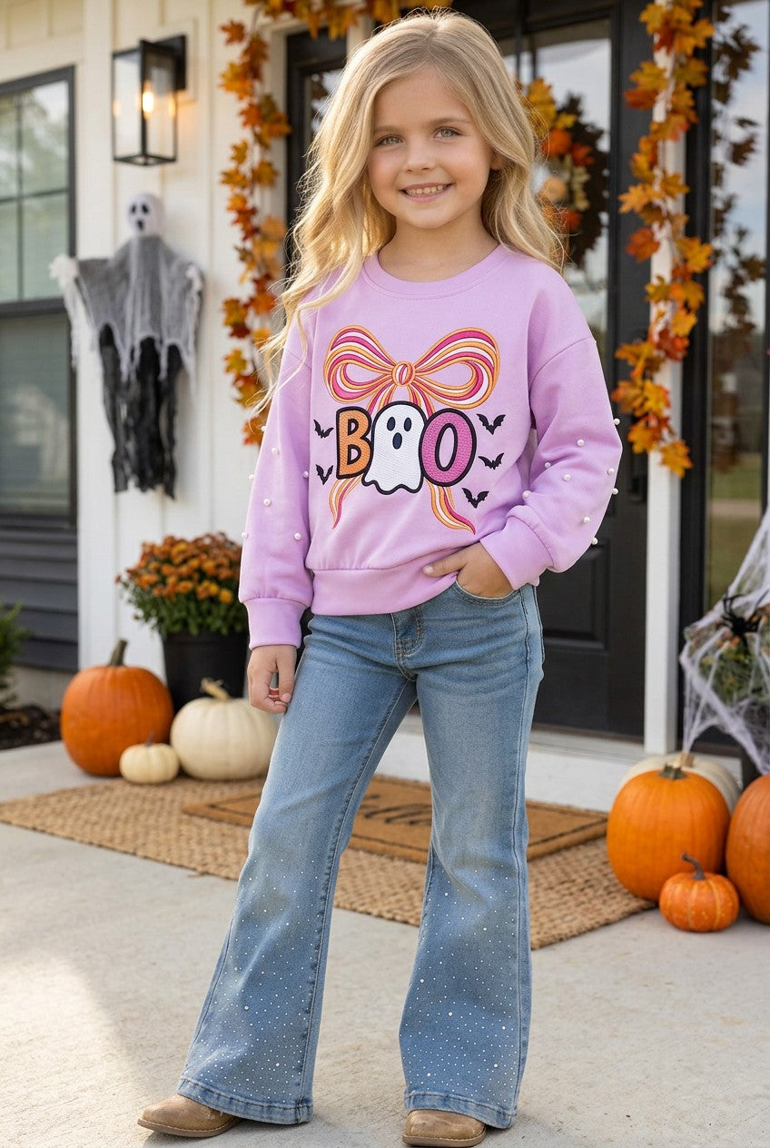 Boo Lilac Halloween printed sweatshirt with pearl detail on sleeves. TPG60450