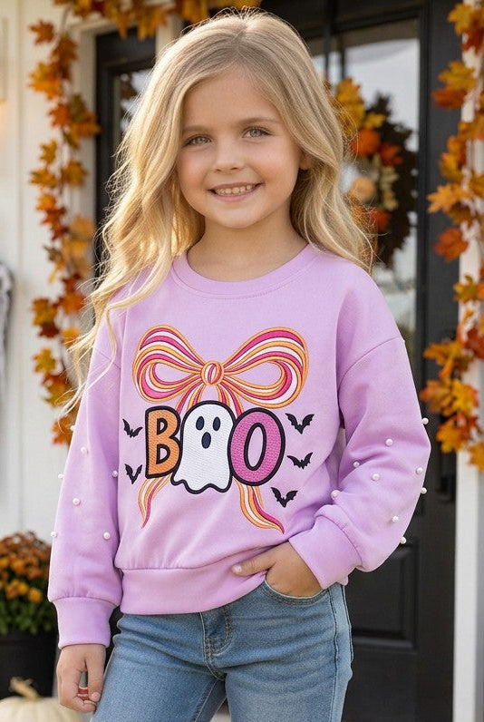 Boo Lilac Halloween printed sweatshirt with pearl detail on sleeves. TPG60450