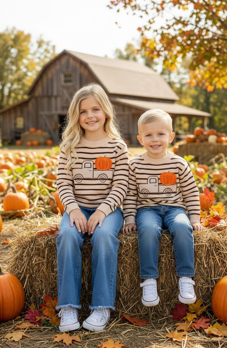 Unisex brown stripe on ivory knit sweater w/ pumpkin on a truck. TPG60458 A-