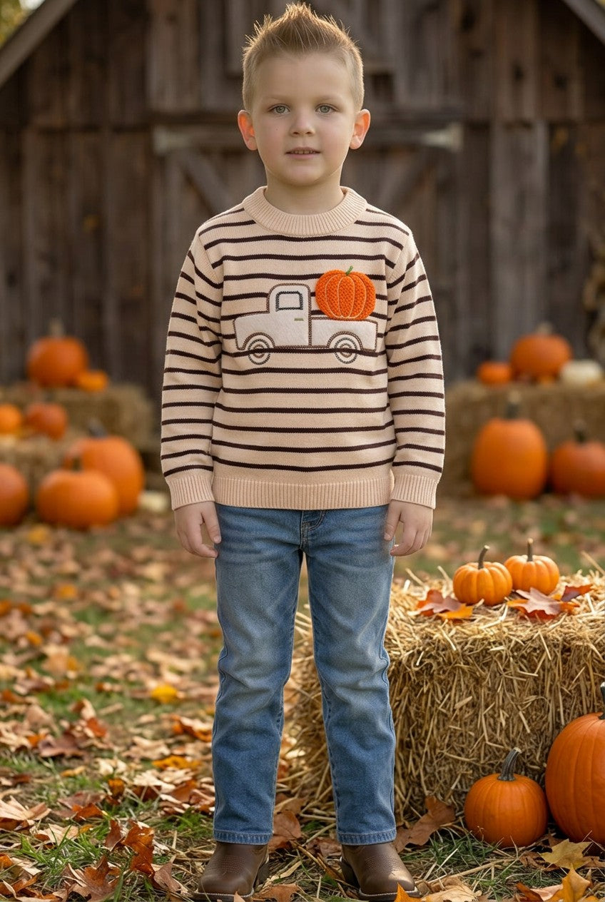 Unisex brown stripe on ivory knit sweater w/ pumpkin on a truck. TPG60458 A-
