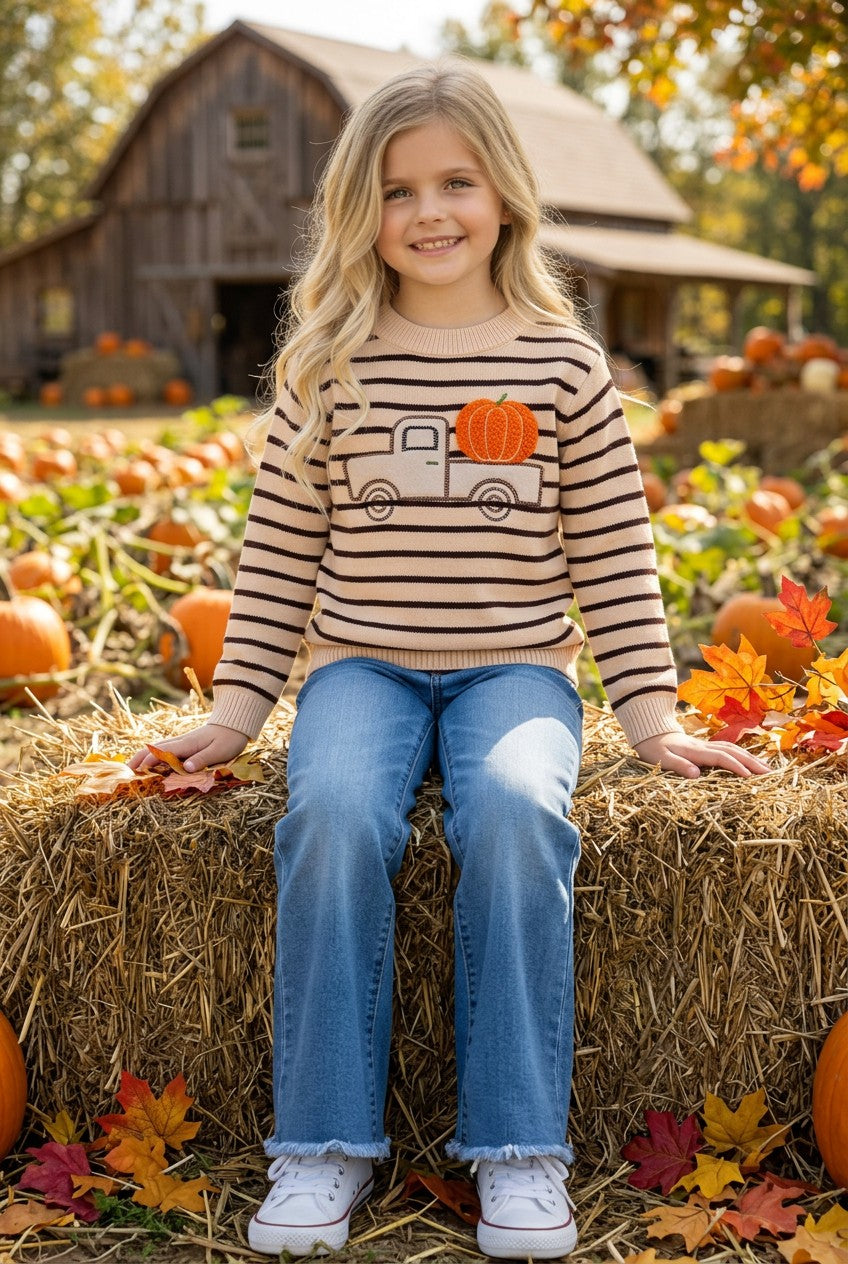 Unisex brown stripe on ivory knit sweater w/ pumpkin on a truck. TPG60458 A-