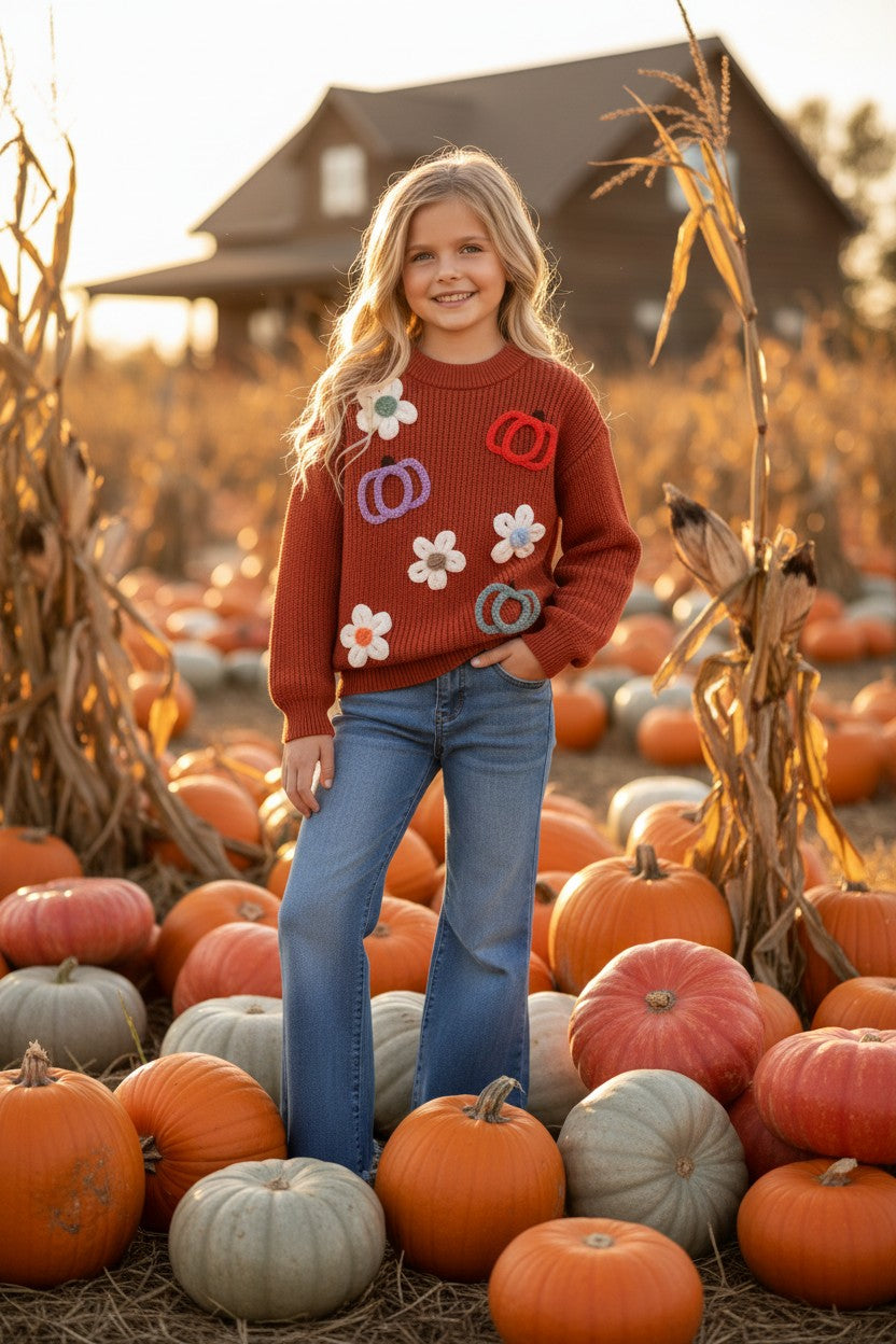 Rust Knit sweater with embroidered pumpkins & flowers. TPG60459 AMY
