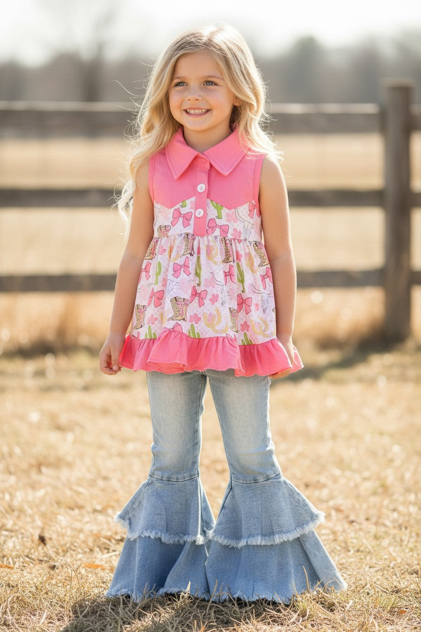 Cowgirl boot, cactus & checker printed tunic. TPG60473 -S-