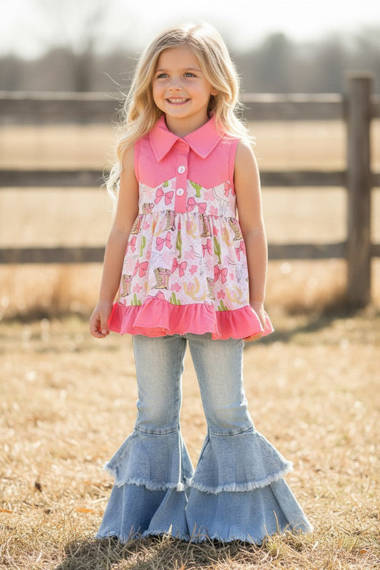 Cowgirl boot, cactus & checker printed tunic. TPG60473 -S-