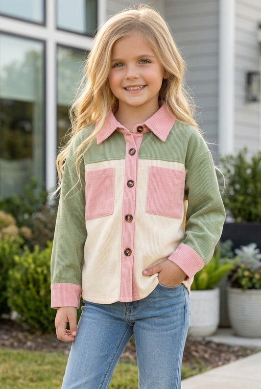 Green, Ivory & pink long sleeve button up shirt. TPG60593