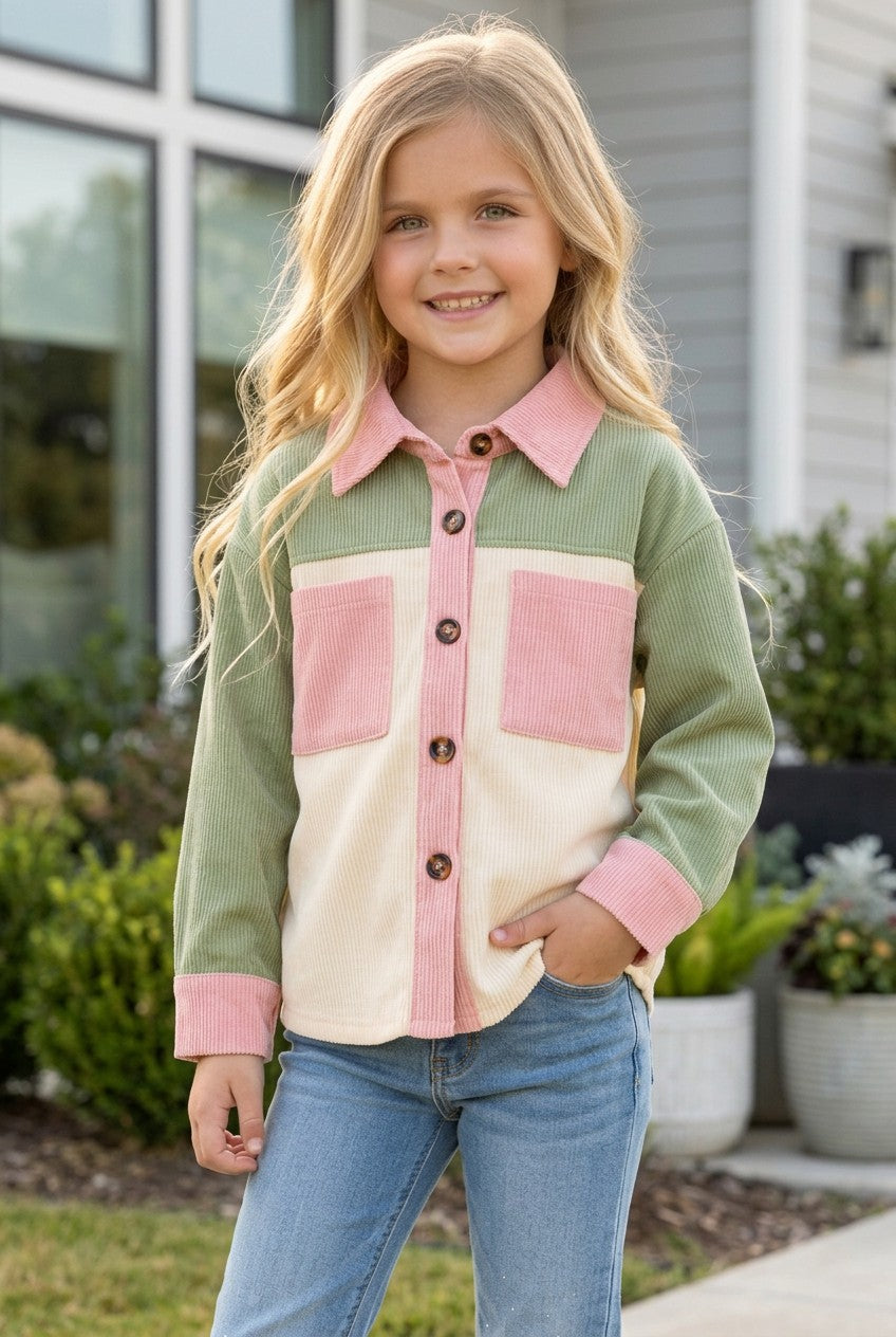 Green, Ivory & pink long sleeve button up shirt. TPG60593