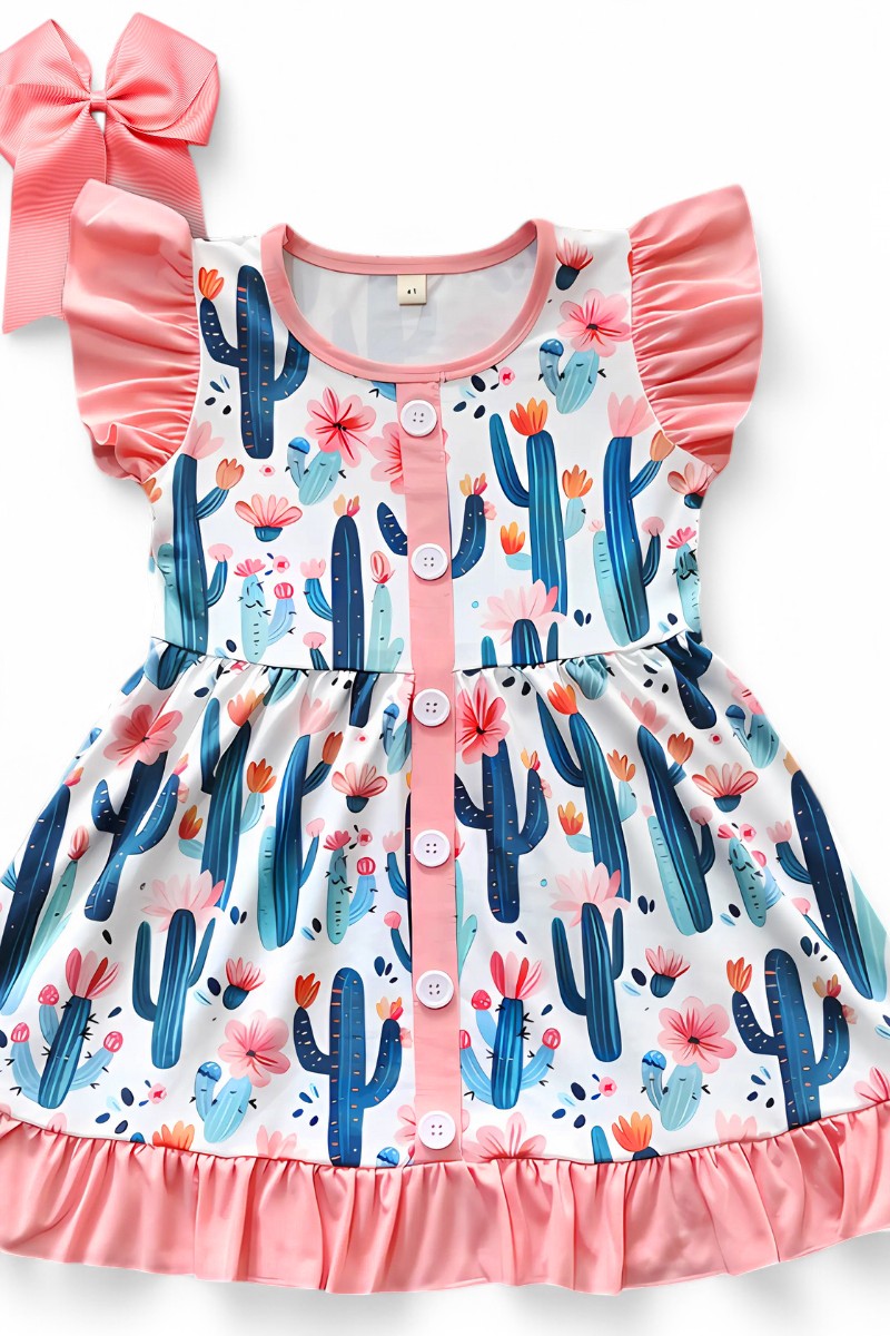 Cactus printed dress w/coral trim.