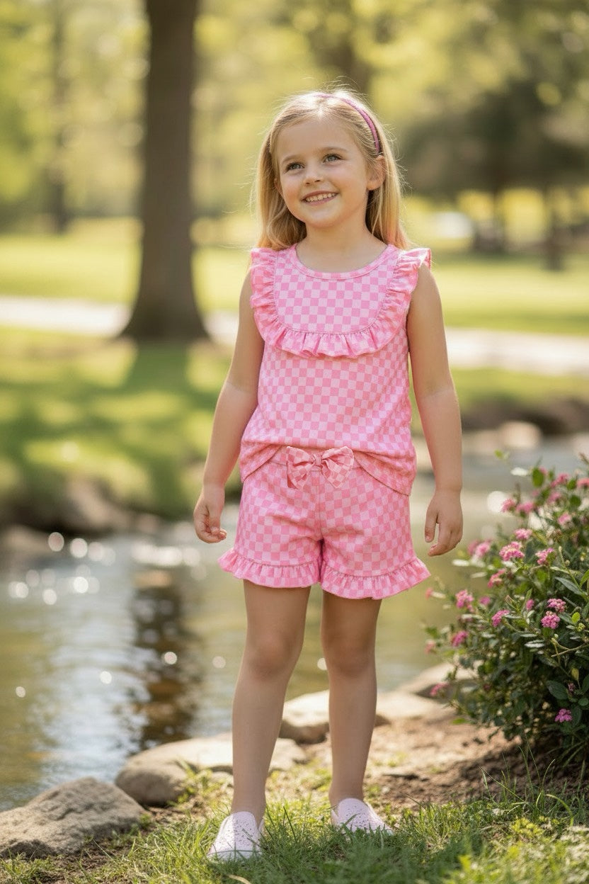 Pink checkered printed top & shorts. OFG62616 -A-