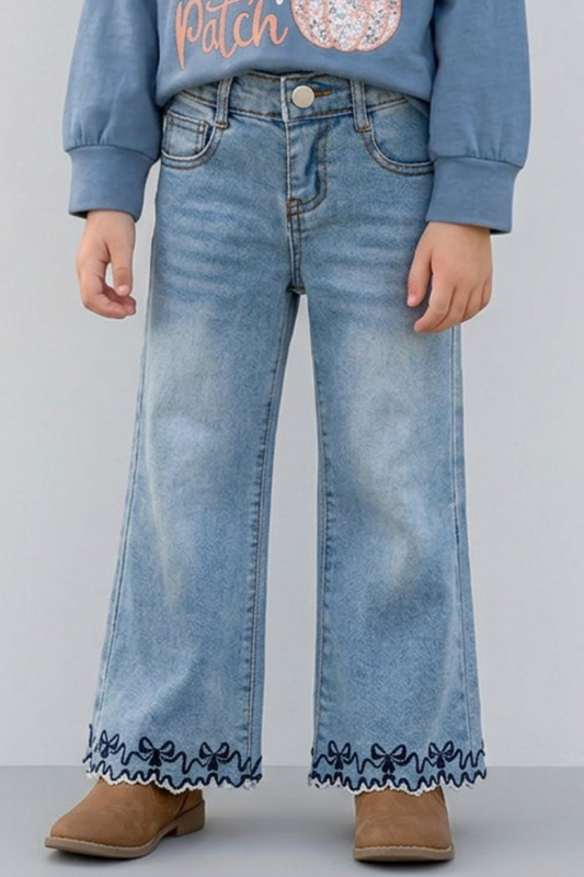 Navy blue embroidered hem denim pants. PNG60325 A