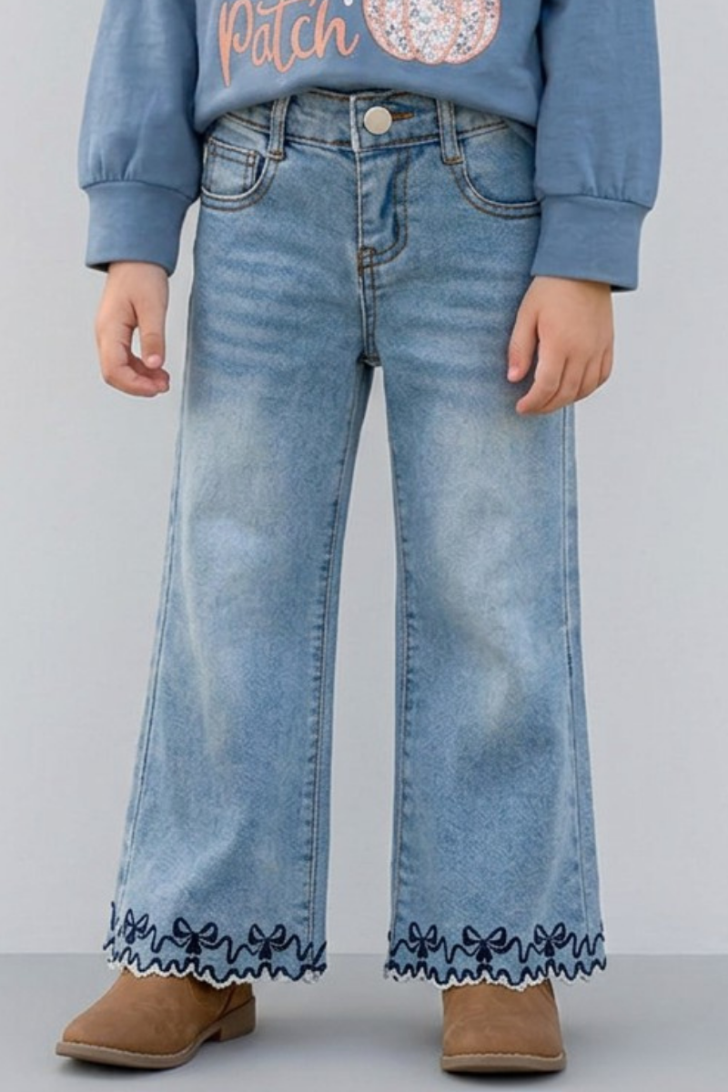 Navy blue embroidered hem denim pants. PNG60325 AMY