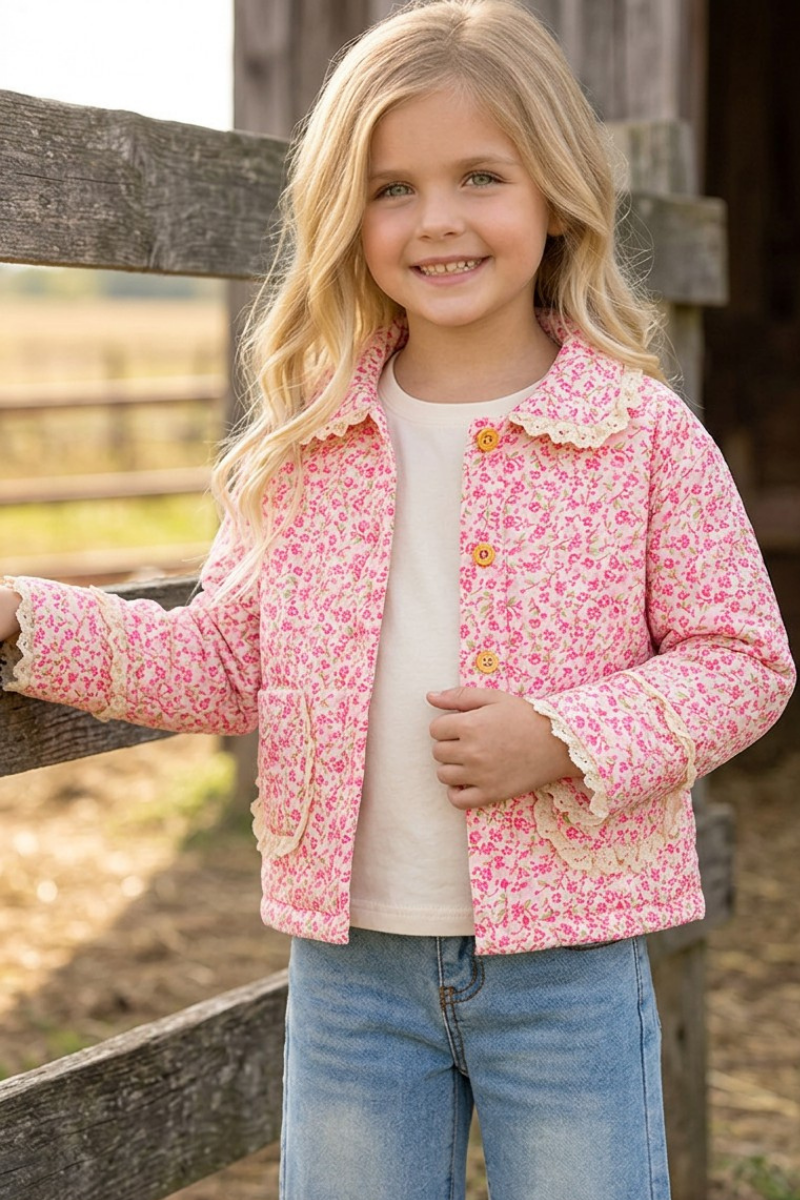 Hot Pink ditsy floral quilted jacket w/ivory lace hem. TPG60367 SOL