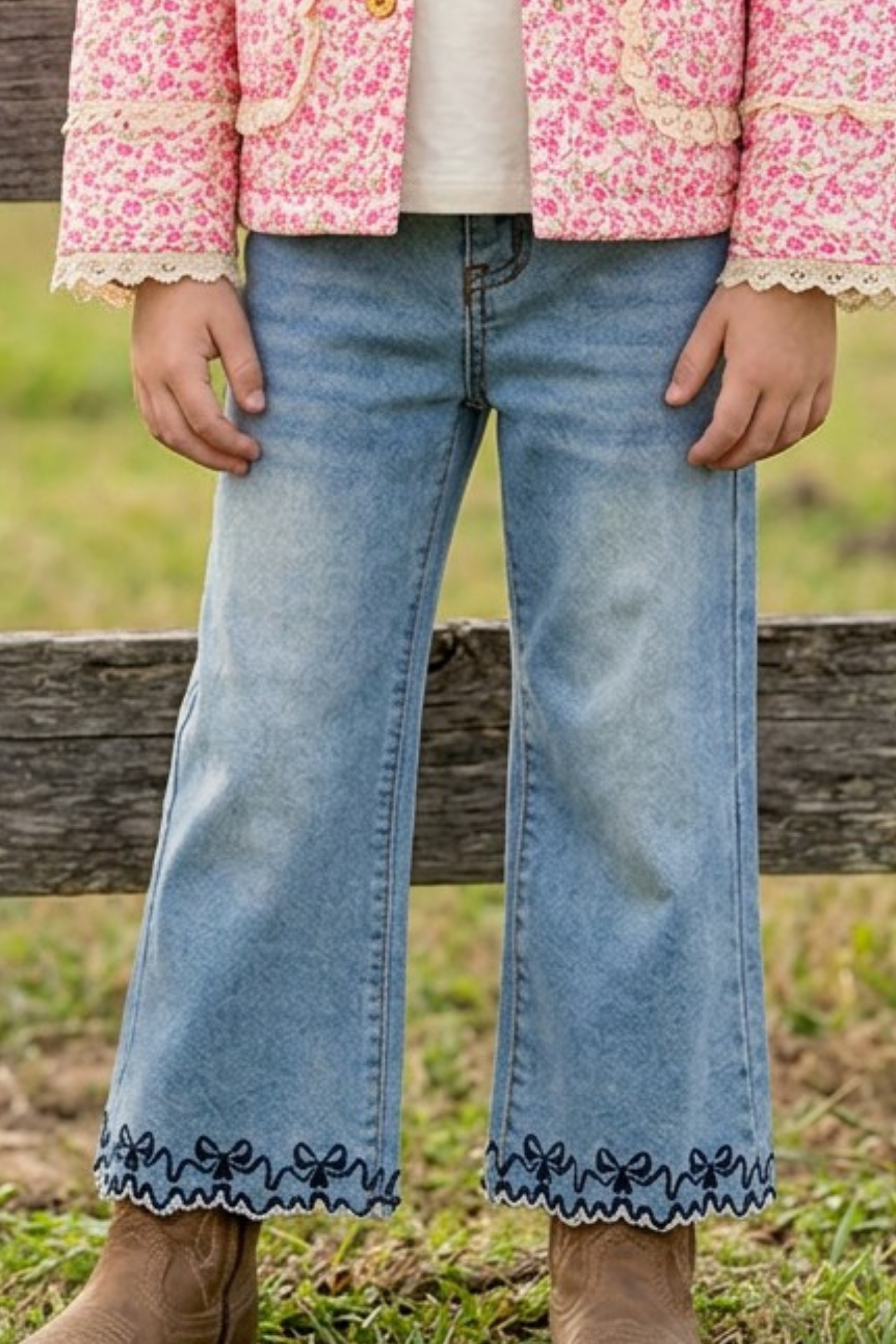 Navy blue embroidered hem denim pants. PNG60325 AMY
