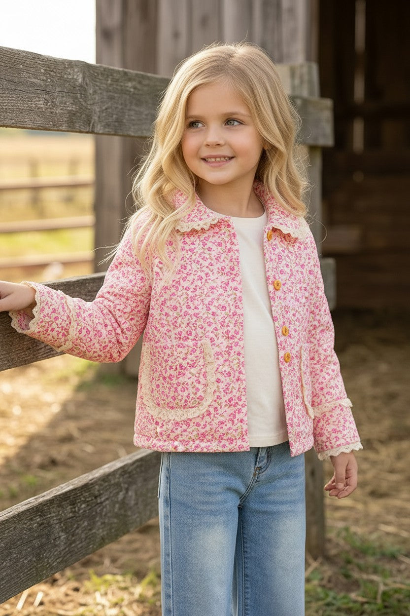 Hot Pink ditsy floral quilted jacket w/ivory lace hem. TPG60367 SOL