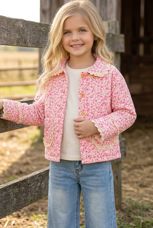 Hot Pink ditsy floral quilted jacket w/ivory lace hem. TPG60367 S