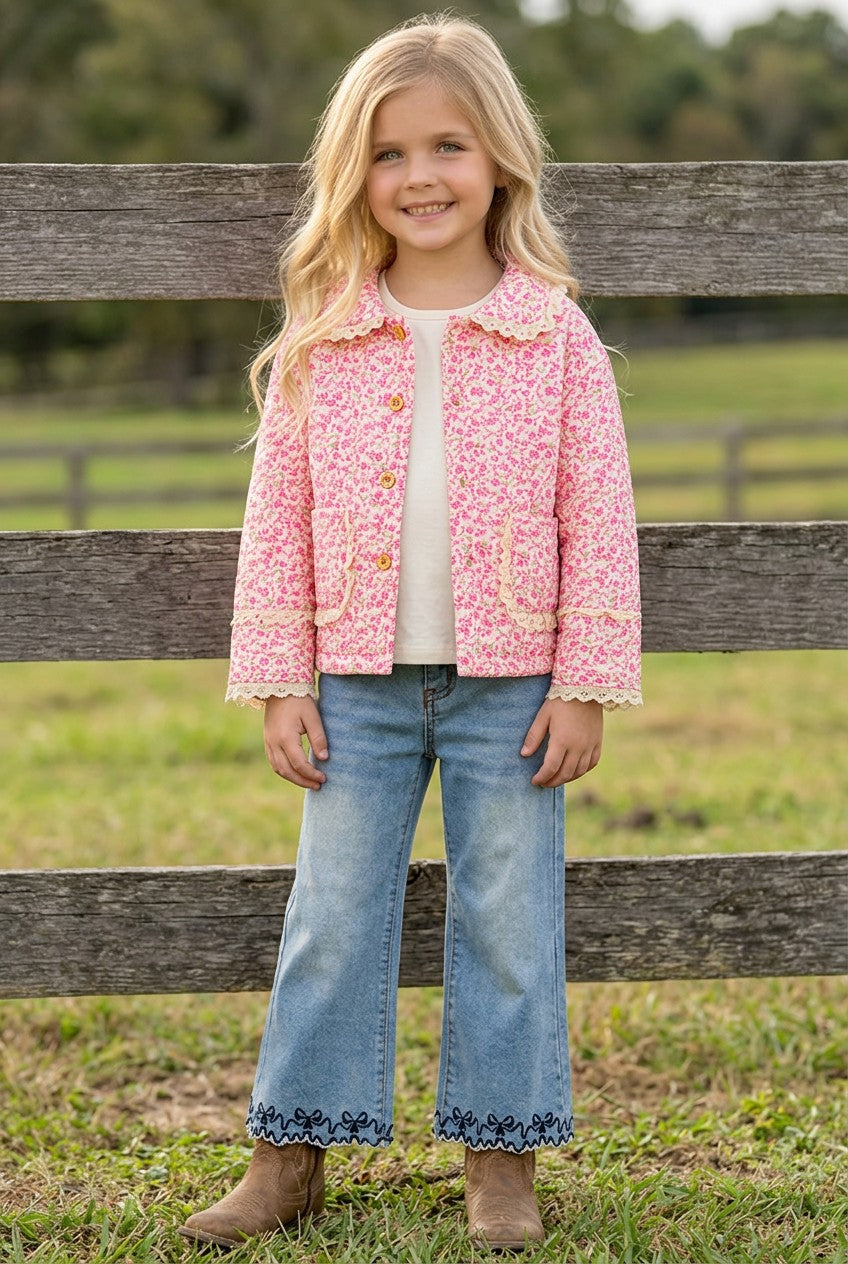 Hot Pink ditsy floral quilted jacket w/ivory lace hem. TPG60367 SOL