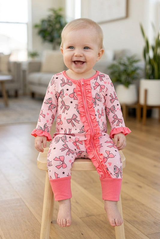 Bow printed baby onesie with fold over footie.  RPG62913