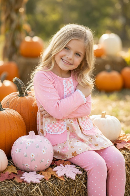Pink polka dot tunic with pumpkin print and polka dot leggings. OFG62511