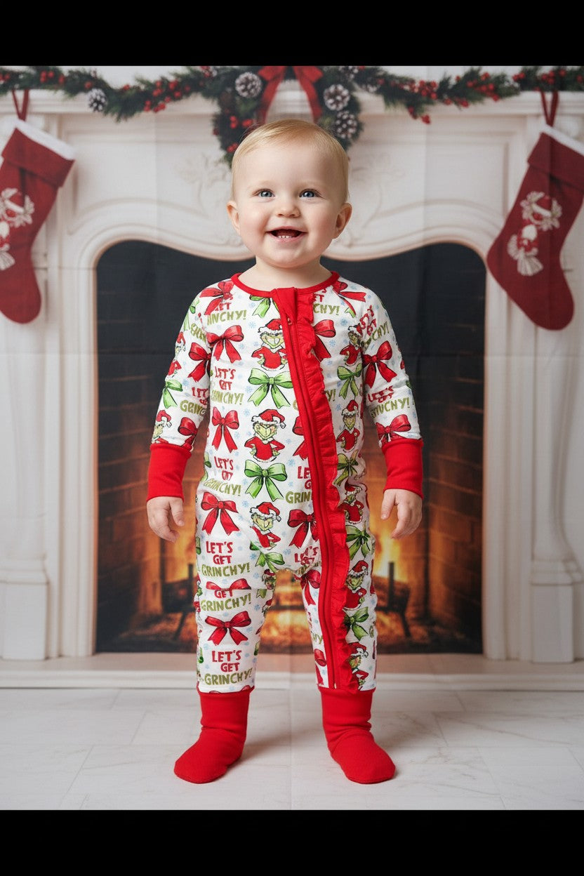 White baby bodysuit with ruffle detail-Christmas character. LR0423-10-S-
