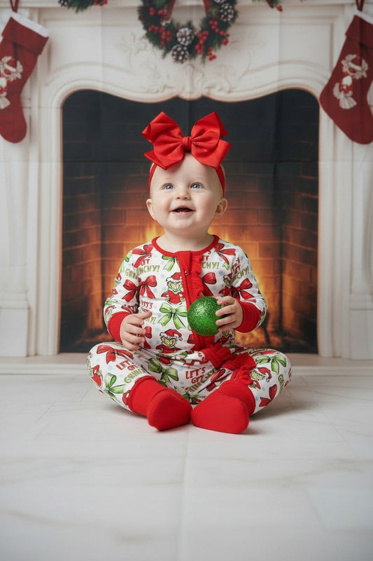 White baby bodysuit with ruffle detail-Christmas character. LR0423-10-S-